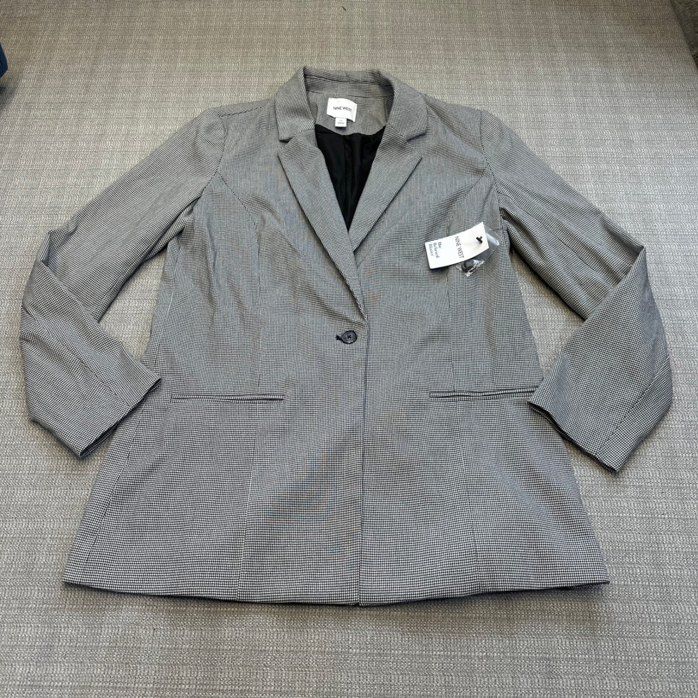 Nine West Womens The Relaxed Blazer Medium Microcheck Black Gray Preppy NEW